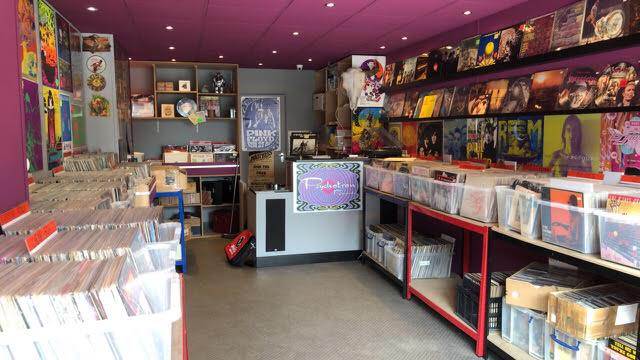 Crates of vinyl records inside the Psychotron Records shop
